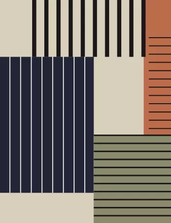 Abstract design with navy, green, and orange sections featuring vertical and horizontal lines.