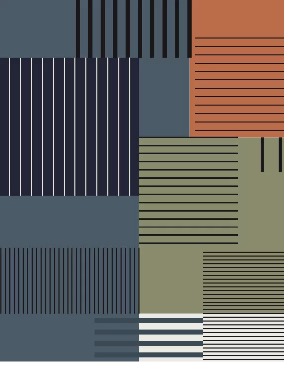 Abstract design with navy, green, and orange sections featuring vertical and horizontal lines.