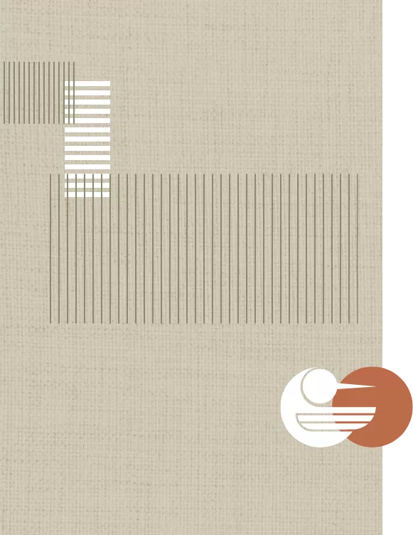 Abstract beige design with vertical green lines and a minimalist bird logo in white and orange.