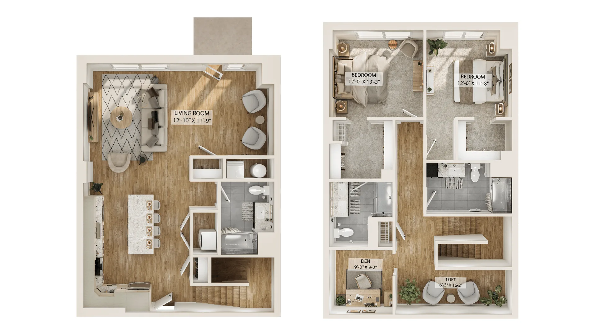 Two-level townhome floor plan with 2 bedrooms, loft, den, 2 baths, and open living area.